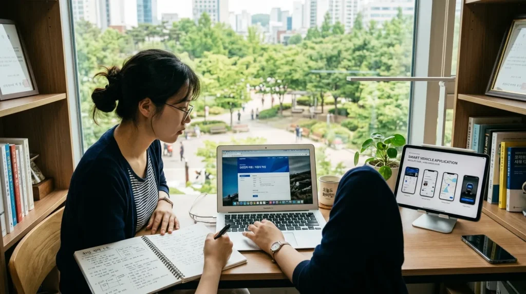 노트북, 전략이 빼곡히 적힌 노트, 스마트 자동차 애플리케이션 모의 포트폴리오가 표시된 디지털 태블릿이 놓인, 집중력 있는 한국인 구직자의 책상. 공원이 보이는 조용하고 밝은 스터디룸입니다.