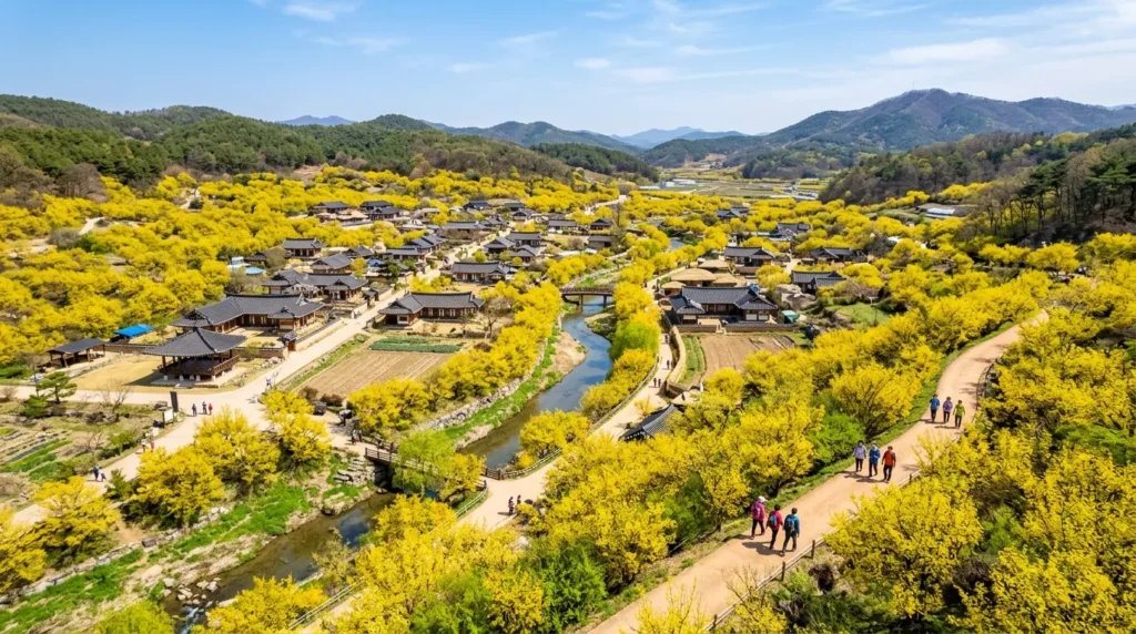 2026년 봄, 이천 산수유 마을의 항공 사진입니다. 노란 산수유꽃으로 뒤덮인 드넓은 풍경이 펼쳐집니다. 마을 집들은 나무들 사이사이에 자리 잡고 있으며, 맑은 푸른 하늘 아래 잔잔한 시냇물이 흐릅니다. 몇몇 한국인 관광객들이 오솔길을 따라 걸으며 아름다운 풍경을 감상하고 있습니다.