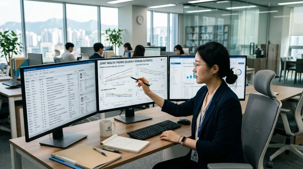 전문 의료 분석가가 현대적인 사무실에서 한국 노인 환자들의 디지털 건강 기록을 검토하며 관절 건강 추이 차트를 보여주고 있습니다.