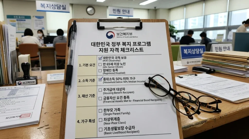 안경이 놓인 클립보드에는 한국 정부 복지 프로그램의 자격 기준이 상세하게 정리되어 있습니다.