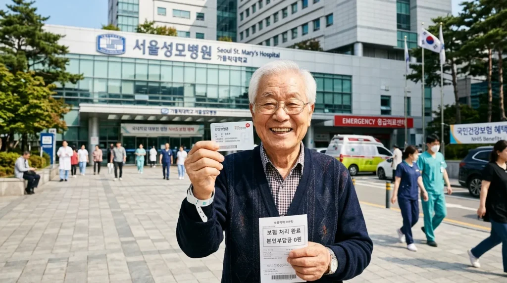 건강 보험 카드를 들고 미소 짓는 한국 노인과 병원 건물을 배경으로 의료비 지원 범위를 명확하게 보여주는 이미지입니다.