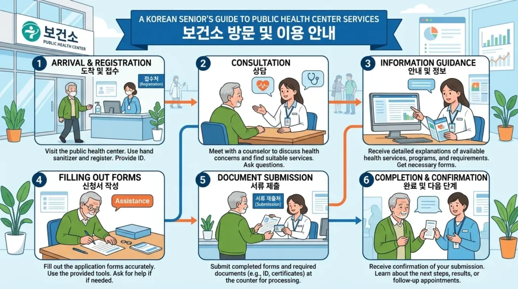 한국 노인이 보건소를 방문하여 상담사와 이야기를 나누고 서류를 제출하는 과정을 단계별로 보여주는 인포그래픽입니다.