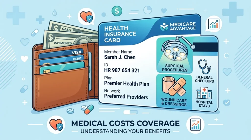 지갑과 건강 보험 카드가 보이는 의료비 보장 범위를 시각적으로 표현한 장면으로, 수술용 램프와 붕대 아이콘이 깔끔한 그래픽 스타일로 배치되어 있다.