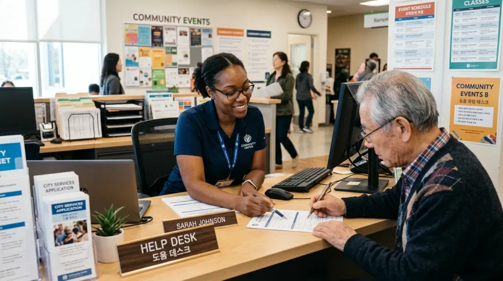 지역 센터 안내 데스크에서 전문적인 모습의 직원이 한국의 노년 남성에게 서류 작업을 도와주는 모습. 정돈되고 친절한 분위기가 느껴진다.