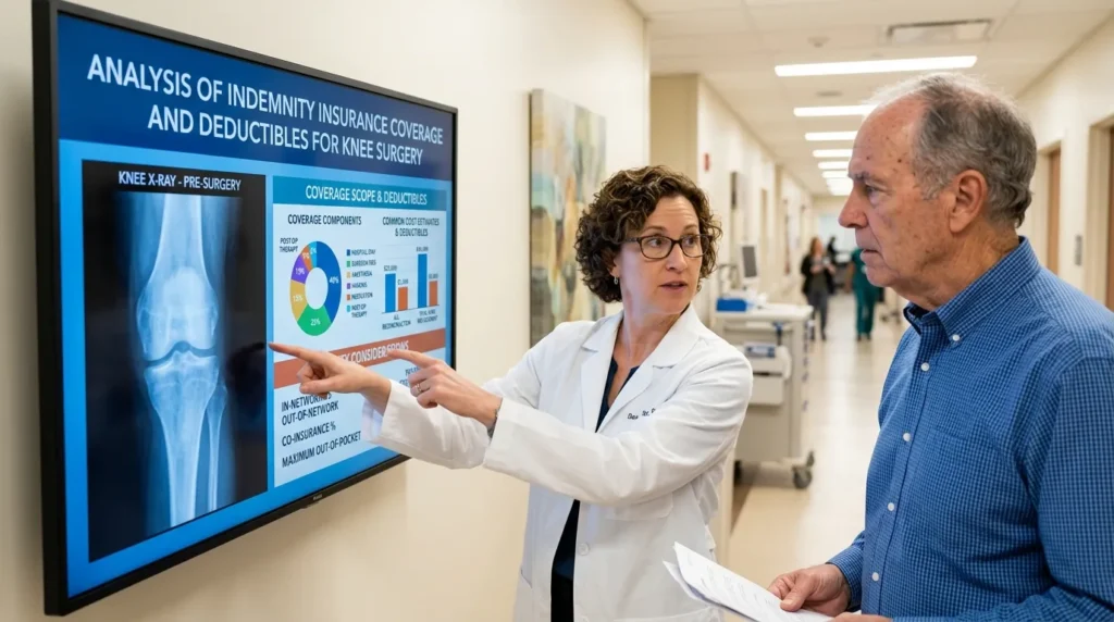 무릎 수술 시 실손보험 보장 범위와 자기부담금 분석 - 현대적인 병원 복도에서 의사가 무릎 엑스레이 사진을 가리키며 보험 보장 항목에 대해 설명하는 모습, 인포그래픽으로 보장 범위 차트가 떠 있음