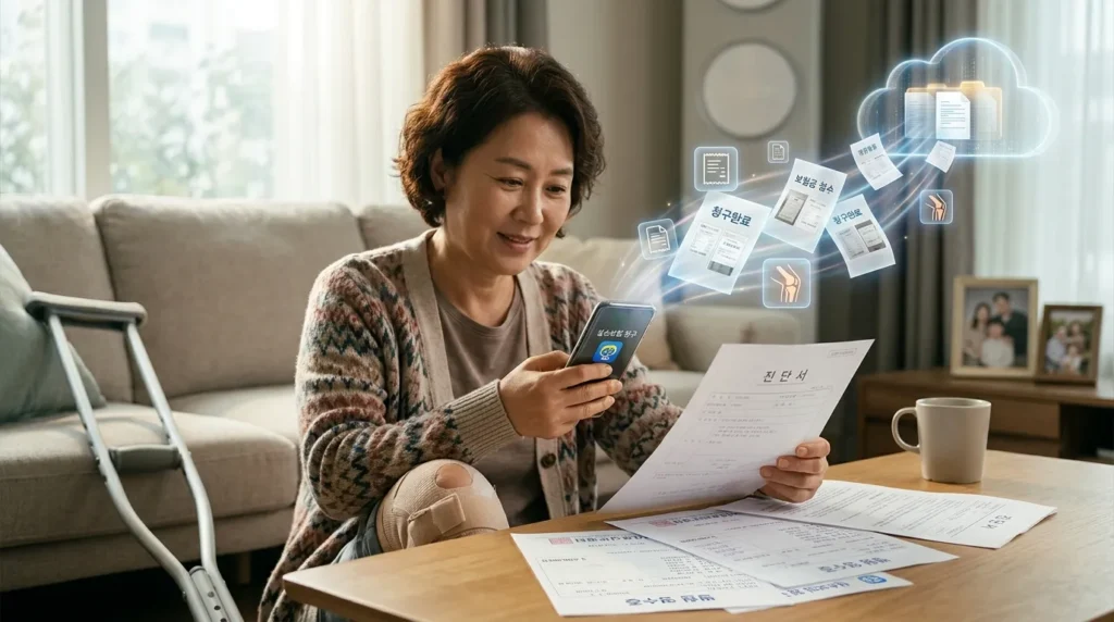 무릎 수술 보험금 청구 시 필수 서류 및 주의사항 - 한국인 여성이 스마트폰 앱을 이용해 진료비 영수증과 진단서를 촬영하여 보험금을 청구하는 모습, 디지털 문서들이 날아가는 연출