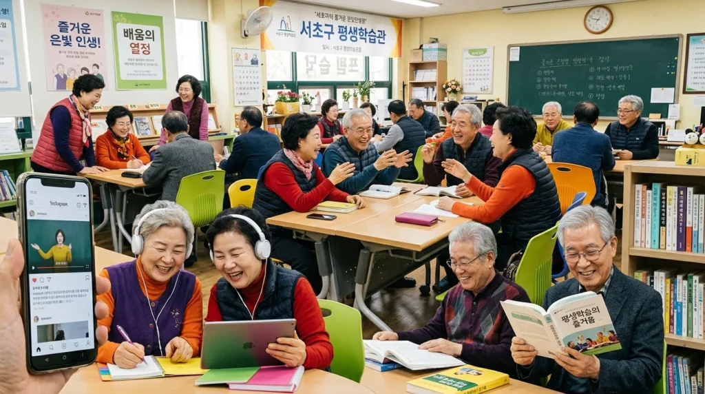한국인 노인들이 다양한 학습 도구를 활용하며 활기차게 배우는 모습. 스마트폰으로 온라인 강의를 듣거나, 책을 읽거나, 그룹 토론에 참여하는 등 평생교육을 통해 삶의 활력을 되찾는 다채로운 장면이 한데 어우러져 있다.