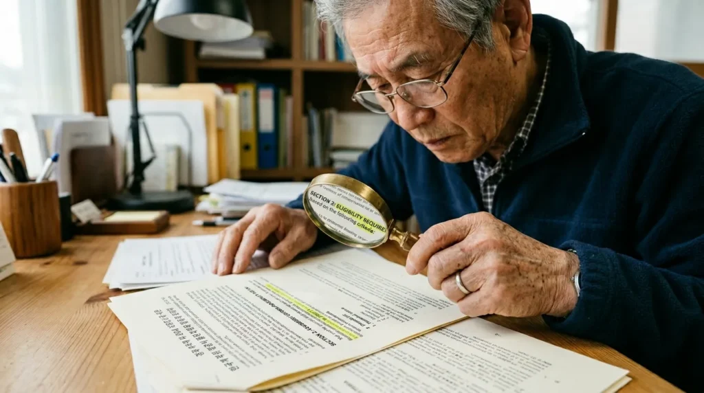 돋보기로 서류를 꼼꼼히 확인하고 있는 한국인 노인의 손과 서류들이 클로즈업되어 있다. 서류에는 '신청 자격', '기준' 등의 단어가 강조되어 있으며, 정확한 정보를 확인하는 중요성을 시사한다.