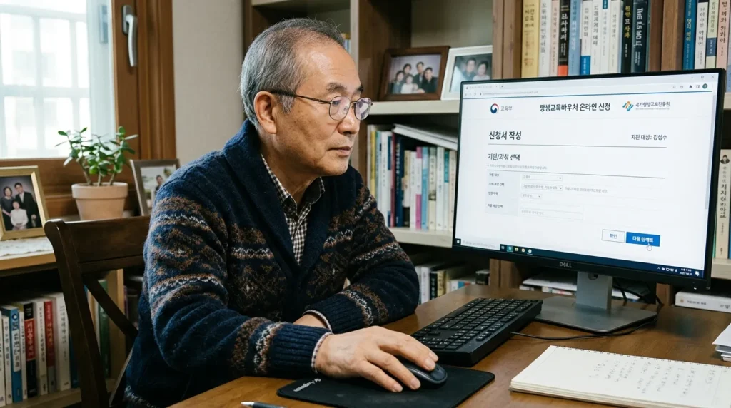 한국인 노인이 컴퓨터 앞에 앉아 평생교육이용권 온라인 신청 웹사이트를 신중하게 클릭하고 있는 모습. 깔끔한 인터페이스의 웹사이트 화면과 노인의 차분하고 집중된 표정이 강조된다.