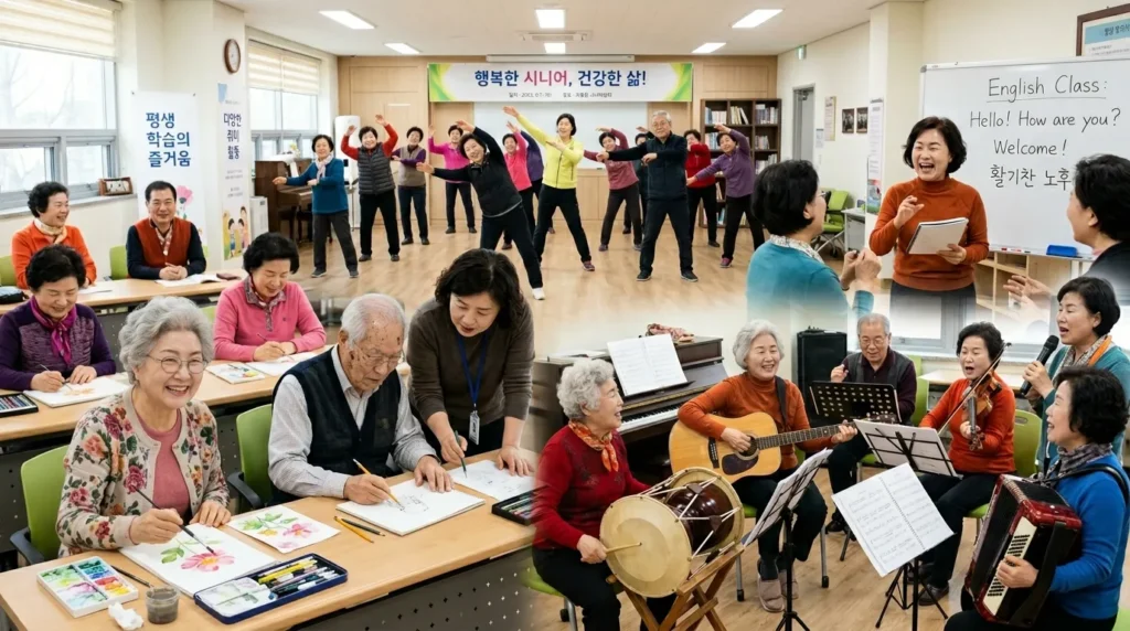 한국인 노인들이 다양한 취미와 학습 활동에 참여하며 즐거워하는 모습. 그림 그리기, 악기 연주, 외국어 수업, 건강 체조 등 다채로운 활동을 통해 활력 넘치는 시니어 라이프를 보여준다. 밝고 긍정적인 분위기.