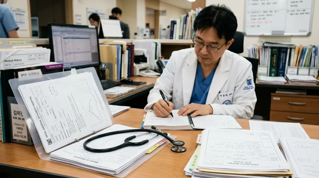 의료 문서, 청진기, 그리고 깔끔한 의료 기록 폴더가 놓여 있다. 배경에서는 한국인 의사가 상세한 진료 기록을 작성하고 있다.