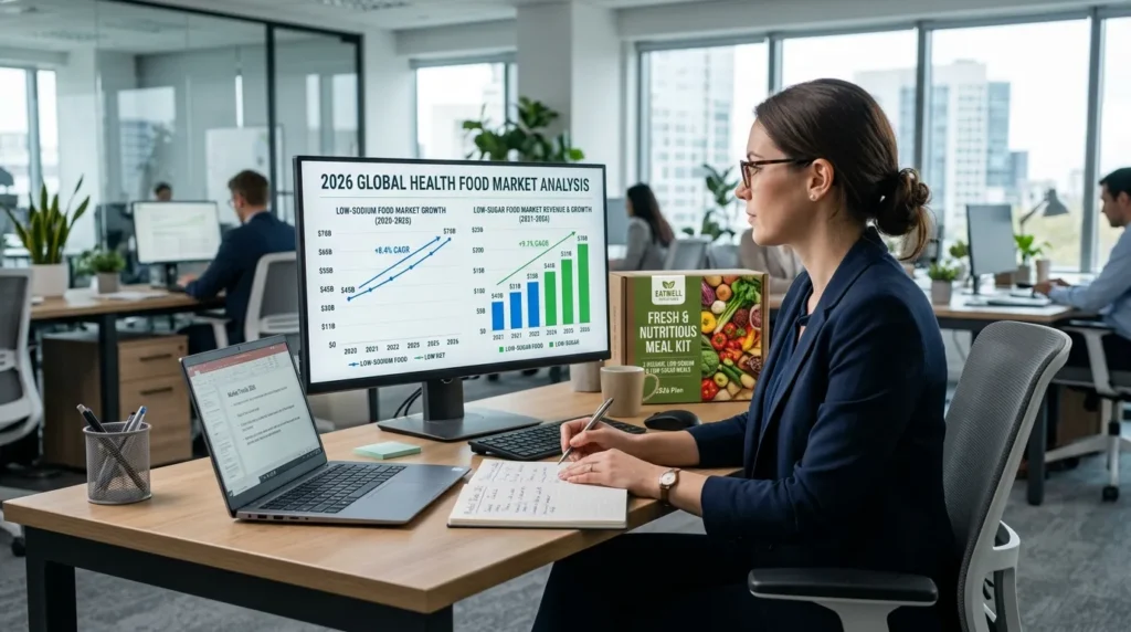 현대적인 사무실에서 디지털 화면을 보고 있는 전문 분석가. 화면에는 2026년 건강식품 시장 통계가 표시되어 있다. 저염식 및 저당식 식품의 성장 그래프가 보인다. 책상 위에는 건강식 밀키트 상자가 놓여 있다.