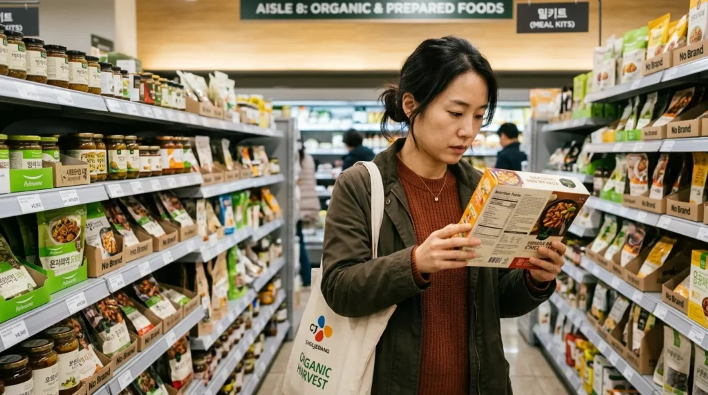 마트에서 한 한국인이 밀키트를 들고 뒷면의 영양 성분표를 꼼꼼히 읽고 있다. 배경에는 다양한 유기농 제품이 진열된 깔끔하고 현대적인 슈퍼마켓 진열대가 보인다.