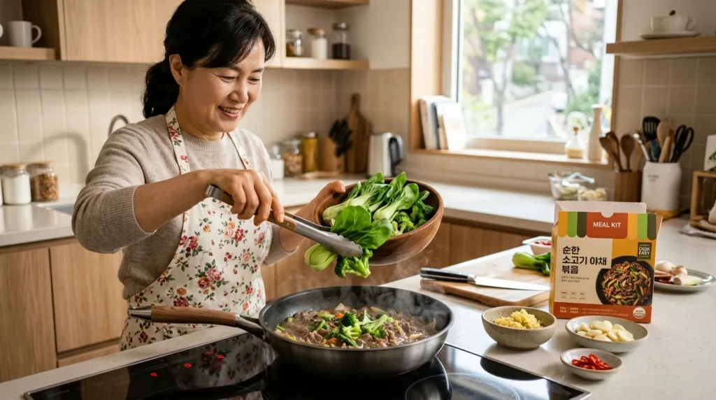 현대적인 주방에서 한 한국 가정 요리사가 밀키트 요리가 담긴 냄비에 청경채와 브로콜리 같은 신선한 녹색 채소를 넣고 있다. 냄비 옆에는 생강과 마늘 같은 천연 향신료가 담긴 작은 그릇들이 놓여 있다.