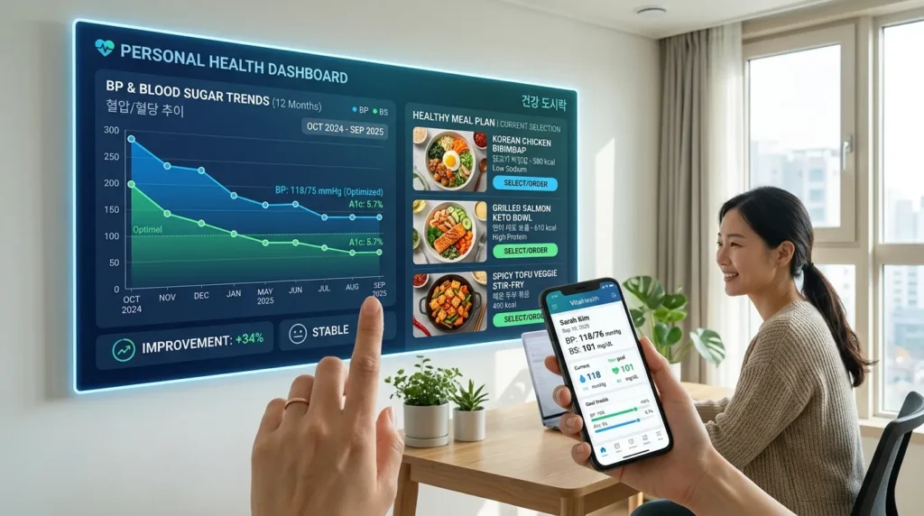 미래의 디지털 건강 관리 대시보드 콘셉트 이미지. 한쪽에는 혈압과 혈당 수치가 개선되는 그래프가 있고, 다른 한쪽에는 다양한 건강식 밀키트가 소개되어 있다. 한국인의 손이 건강 앱이 설치된 스마트폰을 들고 있다.