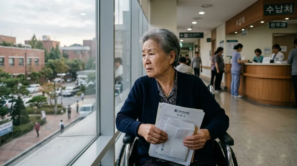 휠체어에 앉은 노인이 서류를 들고 걱정스러운 표정으로 창밖을 바라보는 모습. 뒤로는 계산대와 병원 풍경이 흐릿하게 보인다. 한국인 노인.