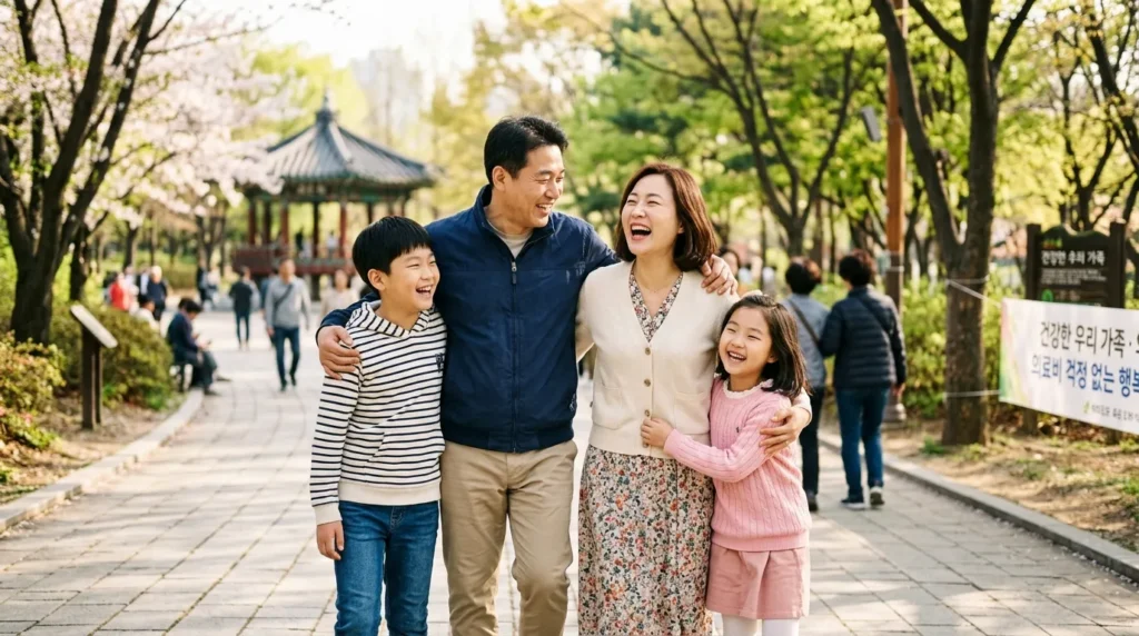 밝은 표정의 한국인 가족 구성원들이 함께 웃고 있는 모습. 부모와 자녀가 서로 어깨동무를 하며 행복해 보인다. 가족 내 화합과 의료비 부담 경감을 상징하는 이미지.