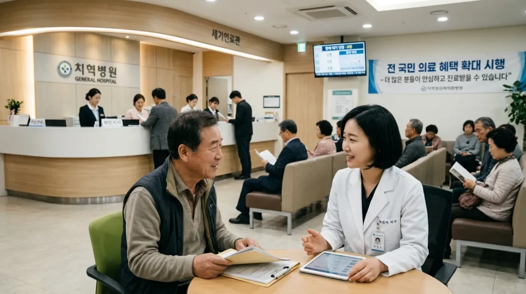 의사 가운을 입은 한국인 의사가 환자와 상담하며 미소 짓고, 환자는 안심한 표정을 짓고 있다. 뒤로는 병원 접수대와 여러 사람이 대기하는 모습이 보인다. 의료 혜택이 확대되어 의료 서비스 접근성이 높아지는 상황을 표현.