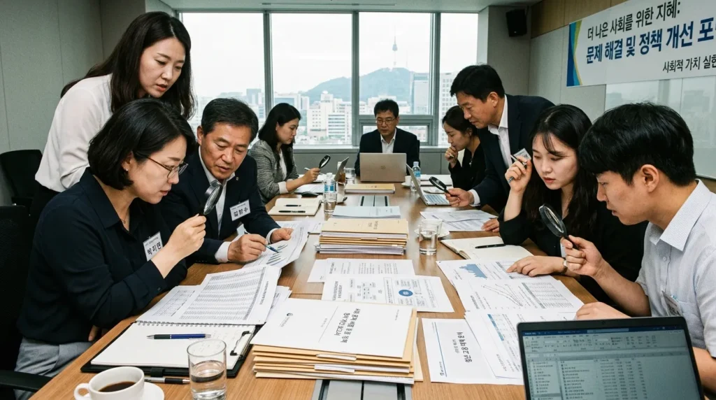 여러 명의 한국인 남녀가 돋보기로 복잡한 서류를 함께 들여다보며 논의하는 모습. 사회적 문제 해결과 정책 개선을 상징하는 이미지.