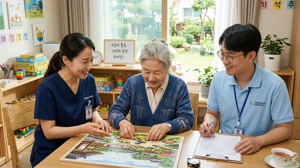 한국인 노인이 전문 의료진의 안내에 따라 인지 능력 검사를 받고 있는 모습. 노인은 집중하여 퍼즐 조각을 맞추거나 그림을 그리는 등 기억력과 집중력을 요하는 활동을 하고 있으며, 의료진은 따뜻한 미소로 격려하고 있다. 방 안은 밝고 쾌적하며, 인지 기능 향상에 도움이 되는 도구들이 비치되어 있다.