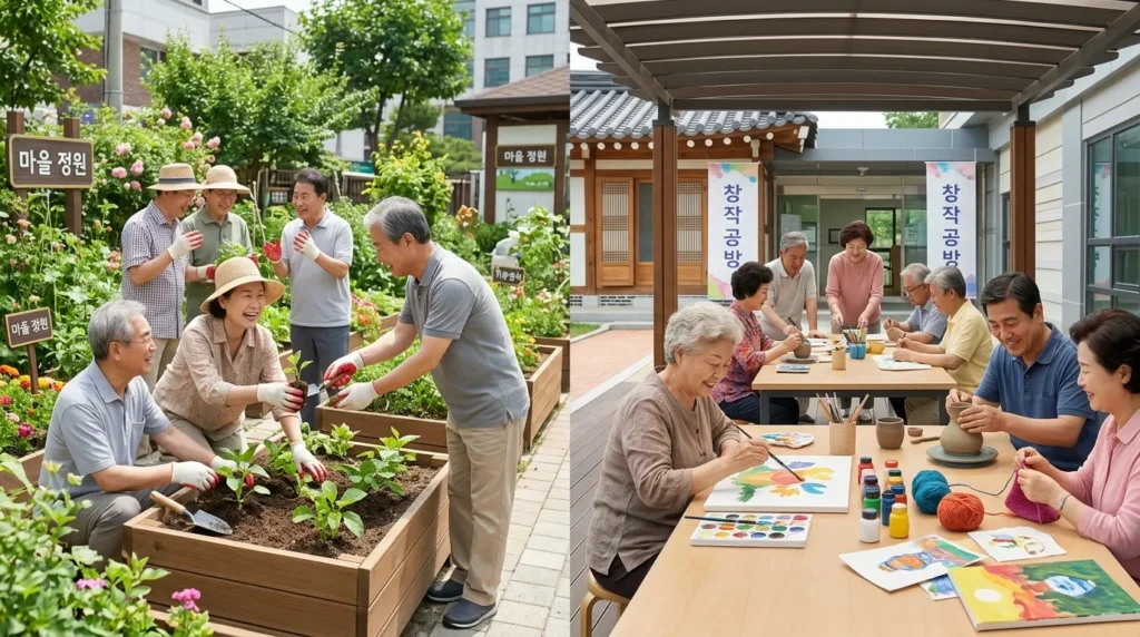 한국인 노인들이 활기찬 모습으로 다양한 일자리에 참여하는 장면을 파노라마 형식으로 보여준다. 한쪽에서는 지역 커뮤니티 정원에서 함께 식물을 가꾸고, 다른 한쪽에서는 공예 워크숍에서 서로 도우며 작품을 만들고 있다. 모두 밝은 표정으로 소통하며 인지 활동에 집중하는 모습.