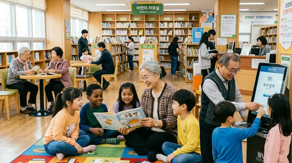 한국인 노인이 지역 도서관에서 어린이들에게 그림책을 읽어주거나, 키오스크 사용법을 알려주는 등 다양한 연령대와 소통하며 활동하는 모습. 주변에는 동료 노인들도 함께 참여하며 활기찬 분위기다.