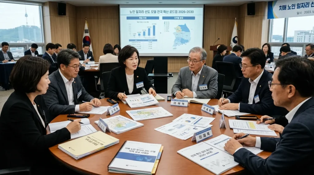 한국인 정책 입안자들과 지역사회 리더들이 원탁에 모여 경도인지장애 노인 일자리 선도모델의 전국적 확산 방안을 논의하고 있다. 테이블 위에는 지역별 성공 사례와 정책 로드맵이 담긴 문서들이 펼쳐져 있고, 뒤편 스크린에는 '선도모델 전국 확산 로드맵 2026-2030'이라는 글씨와 함께 그래프들이 보인다.