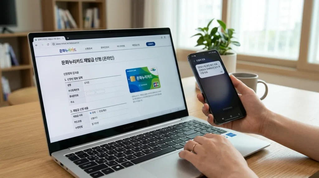 노트북 화면에 한국 정부의 첨단 서비스 인터페이스가 구현되어 문화누리카드 재발급 페이지가 보이고, 그 옆에는 한국인의 손이 세련된 휴대폰을 들고 있다.