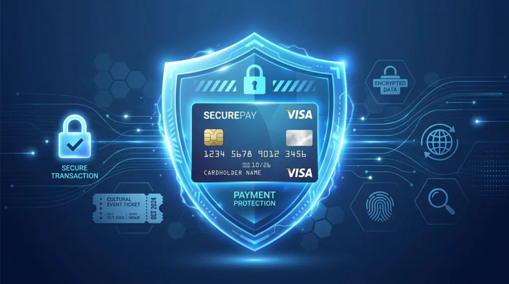 신용카드를 보호하는 디지털 방패를 깔끔하고 전문적으로 표현한 콘셉트 일러스트. 배경에는 안전 잠금장치와 문화 행사 티켓 아이콘이 보인다.