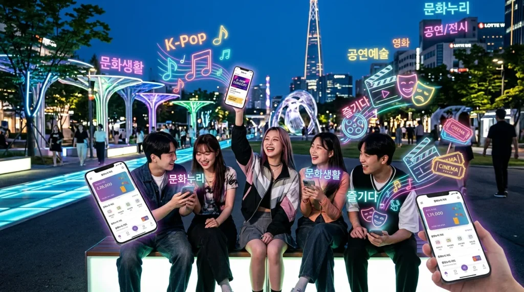 한국의 한 도시 공원에서 다양한 배경을 가진 젊은이들이 스마트폰으로 문화누리 디지털 지갑을 이용해 문화 콘텐츠를 즐기고 있는 생동감 넘치는 미래 풍경. 음표와 영화 아이콘 등의 디지털 그래픽이 떠다닌다.