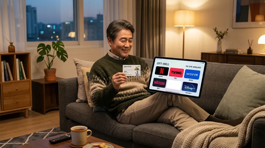 중년의 한국 남성이 현대적인 거실 소파에 편안하게 앉아 문화누리카드를 들고 넷플릭스, TVING 등 다양한 OTT 앱 아이콘이 표시된 태블릿 화면을 보고 있습니다. 따뜻하고 아늑한 조명이 분위기를 더욱 돋보이게 합니다.