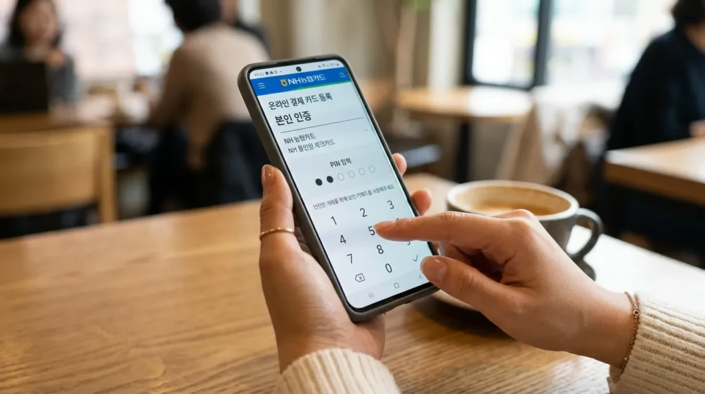 젊은 한국 여성이 스마트폰을 사용하는 손이 클로즈업되어 보입니다. 그녀는 NH카드 앱을 조작하여 온라인 결제용 카드를 등록하고 있습니다. 화면에는 보안 인증 인터페이스가 표시됩니다.
