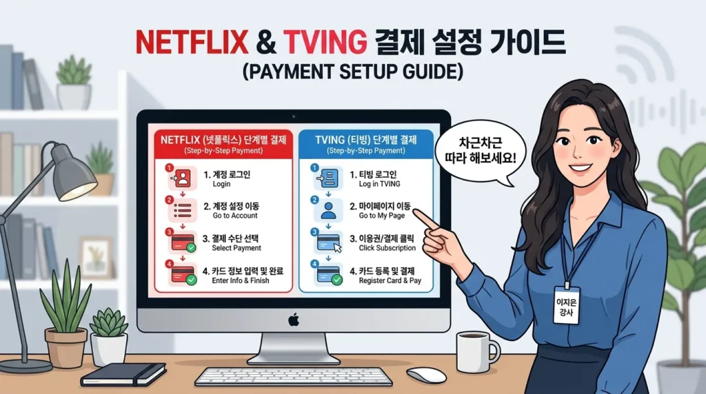 컴퓨터 화면에서 넷플릭스와 TVING 결제 설정 방법을 단계별로 보여주는 인포그래픽 스타일의 이미지입니다. 친절한 한국 여성이 화면을 가리키며 과정을 설명하고 있습니다. 배경은 깔끔하고 전문적인 느낌입니다.