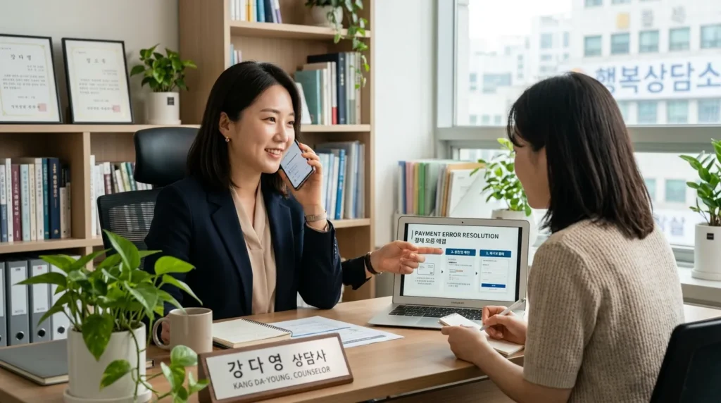 전문적인 한국 상담사가 사무실에서 노트북과 스마트폰을 사용하여 고객을 응대하고 있습니다. 디지털 화면에서 결제 오류 해결 방법을 설명하고 있습니다. 친절하고 신뢰감 있는 분위기입니다.