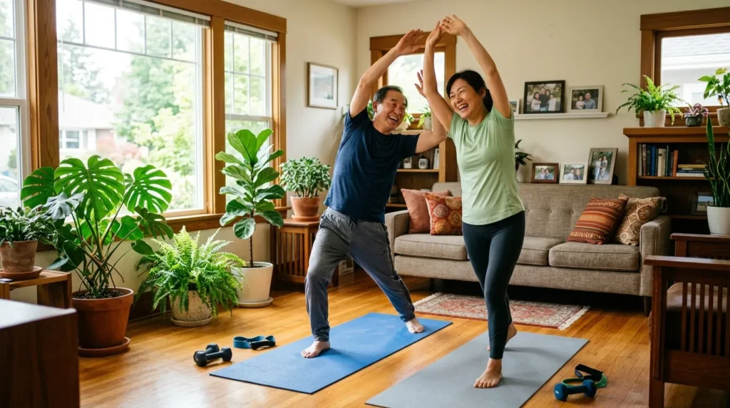 햇볕이 잘 드는 거실에서 한국인 부모님이 활기차게 스트레칭하며 운동하는 모습, 따뜻하고 편안한 분위기, 주변에 식물이 있음.