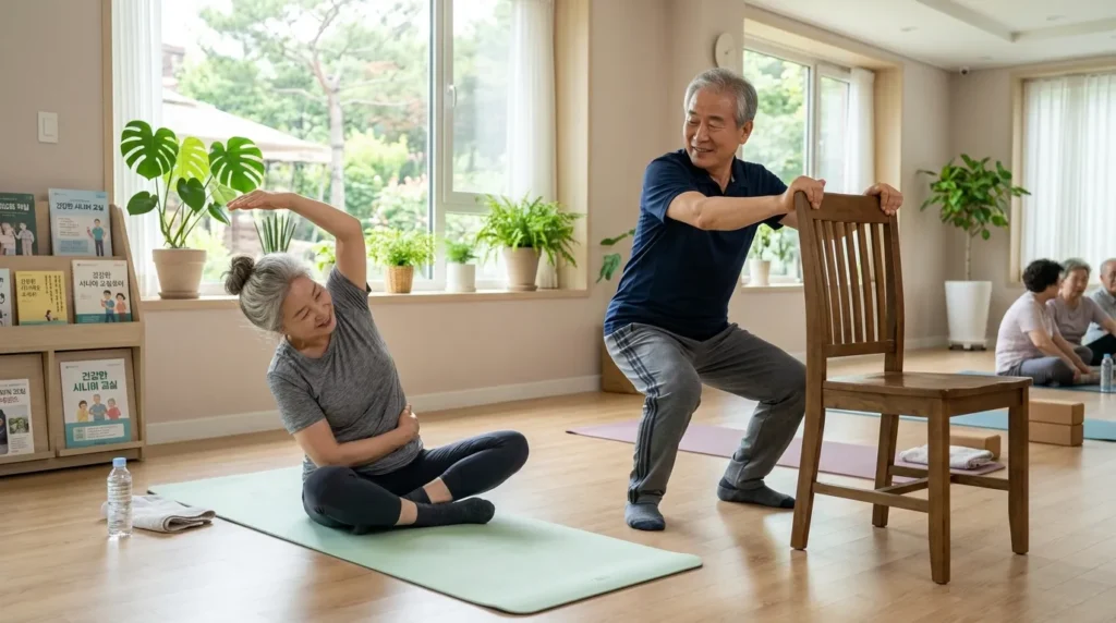 요가 매트 위에서 스트레칭을 하는 한국인 노인 여성과 옆에서 의자를 이용해 스쿼트 운동을 하는 한국인 노인 남성, 밝고 차분한 실내 피트니스 공간.