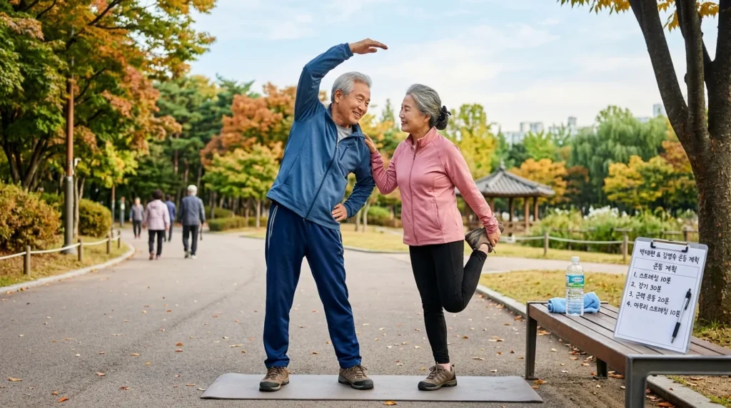 한국인 노년 부부가 운동 전후 스트레칭을 하며 안전하게 운동하는 모습, 옆에 물통과 운동 계획표가 놓여 있음.