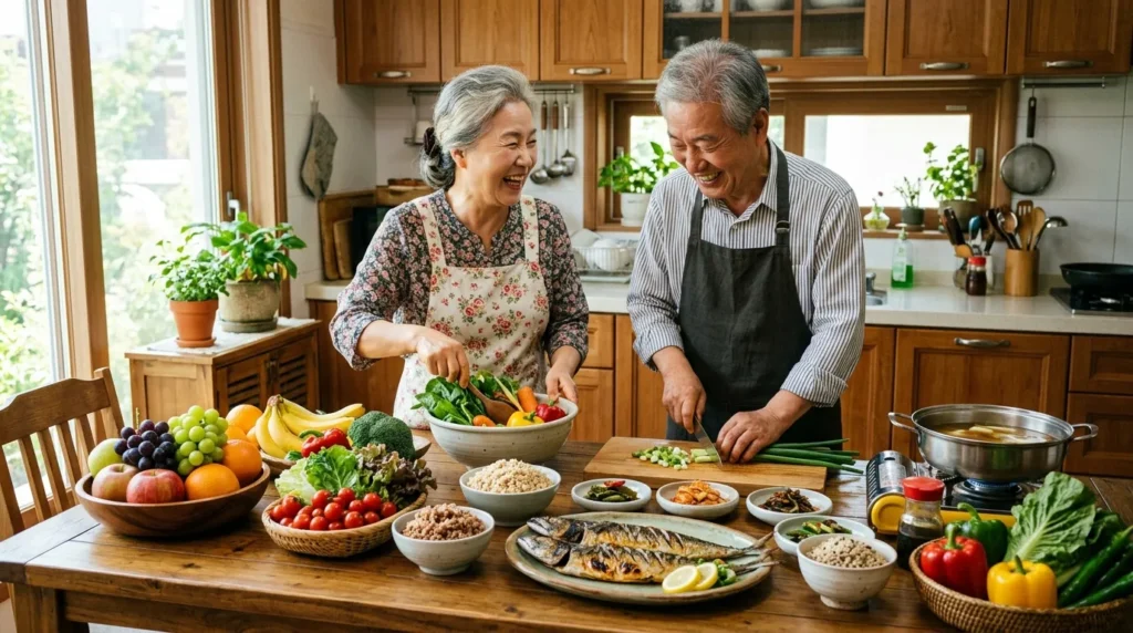 식탁에 신선한 과일과 채소, 통곡물, 생선이 가득 차려져 있고, 옆에서 한국인 노년 부부가 밝게 웃으며 식사를 준비하는 모습. 건강하고 활기찬 분위기.