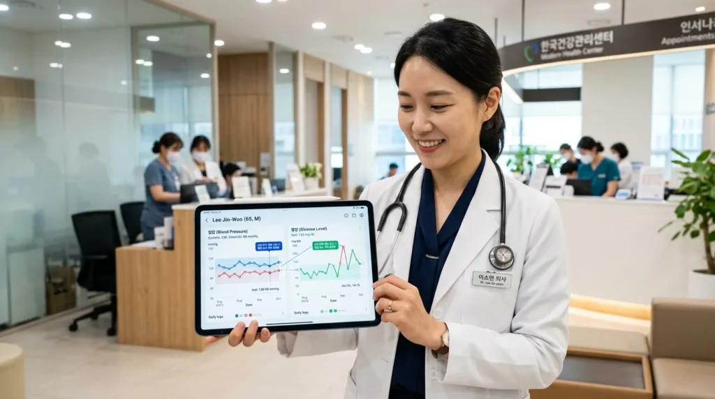 최첨단 디지털 건강 대시보드에서 한국의 한 의료 전문가가 태블릿을 들고 혈압과 혈당 수치 그래프를 연동해서 보여주고 있다.