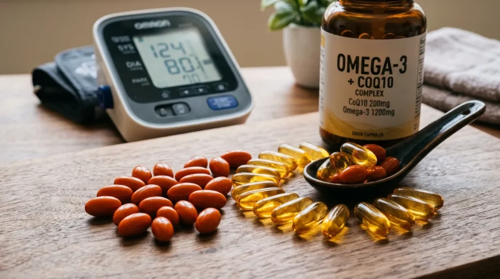 깨끗한 나무 테이블 위에 고급 코엔자임 Q10 캡슐과 오메가-3 오일 젤이 보기 좋게 진열되어 있고, 배경에는 혈압계가 은은하게 보인다.