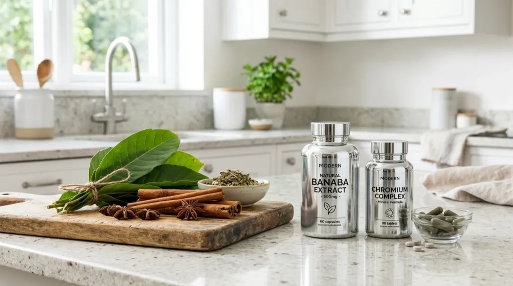 밝고 깨끗한 주방 공간에 바나바 잎과 계피 스틱 같은 다양한 천연 재료와 현대적인 크롬 도금 미네랄 보충제가 함께 진열되어 있다.