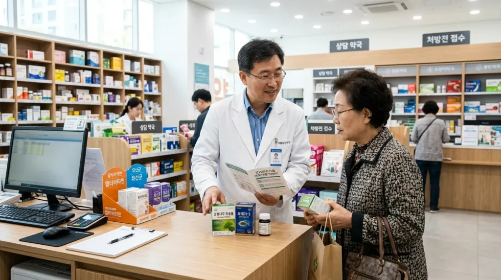 밝고 현대적인 약국에서 신뢰감 있는 인상의 중년 한국 약사가 환자에게 건강 보조 식품의 상호작용에 대해 설명하고 있다.