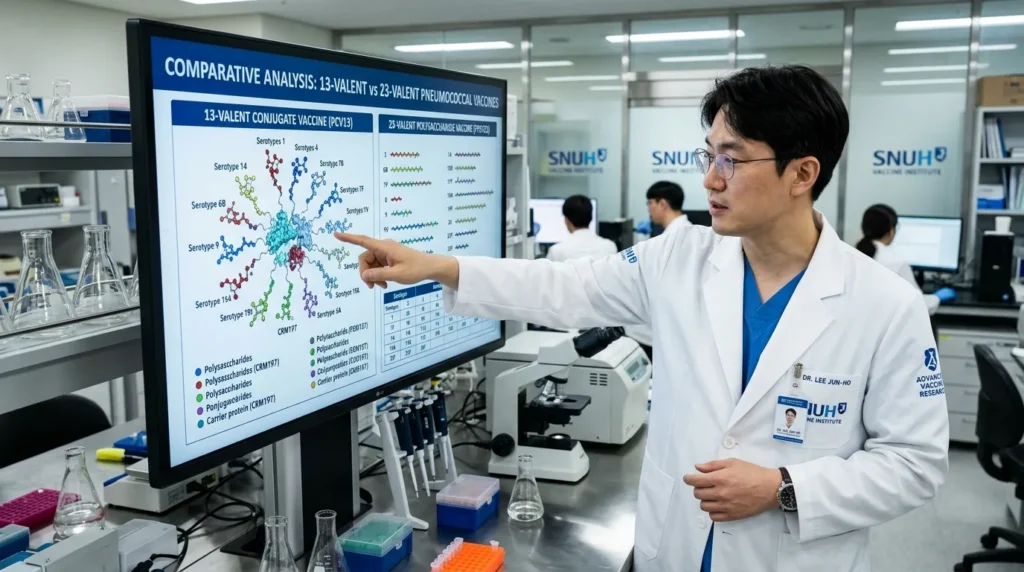 최첨단 실험실 환경에서 전문 의료 연구원이 13가 및 23가 백신의 분자 구조를 보여주는 디지털 화면을 가리키고 있다. 한국인 남성 과학자, 첨단 병원 배경, 8K 해상도, 실사 이미지.