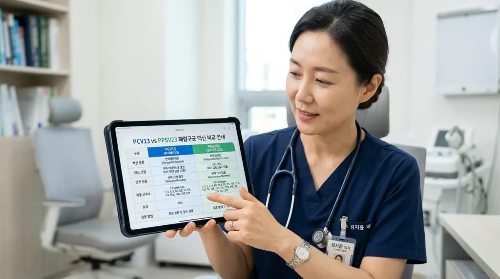 의사가 들고 있는 태블릿에 PCV13과 PPSV23의 분자 구조를 시각적으로 명확하게 보여주는 비교 인포그래픽 표가 표시되어 있다. 깔끔한 의료 인터페이스, 한국인 의사의 손, 은은한 조명.
