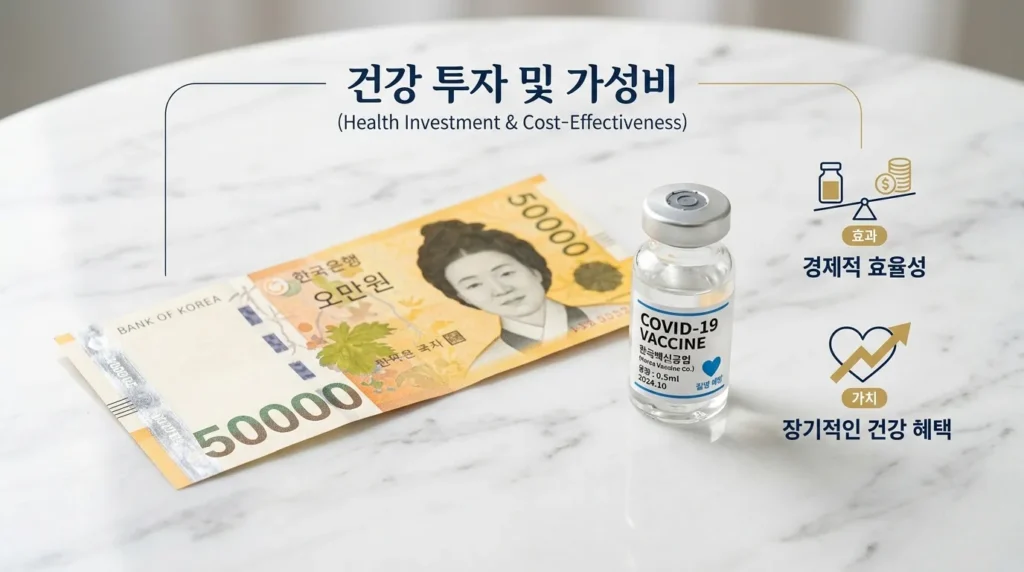 흰색 대리석 배경 위에 놓인 한국 5만 원 지폐와 백신 병. 건강 투자와 비용 효율성을 상징한다.