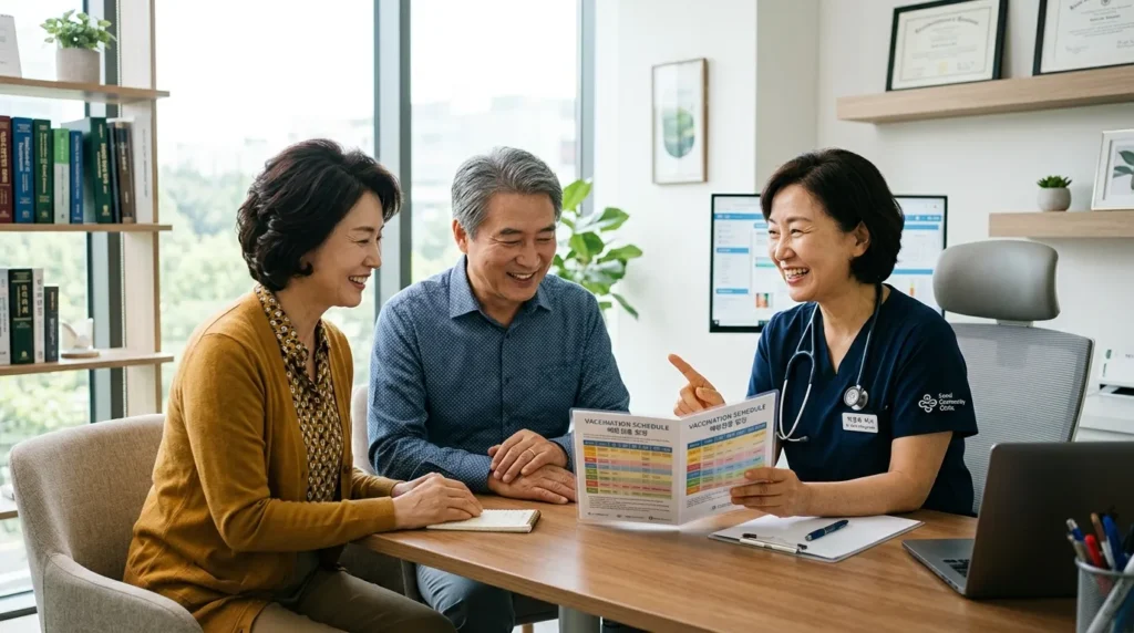 밝고 현대적인 병원에서 의사와 상담하는 중년 한국인 부부의 따뜻하고 고품질의 사진. 의사는 미소를 지으며 예방 접종 일정을 설명하고 있다.