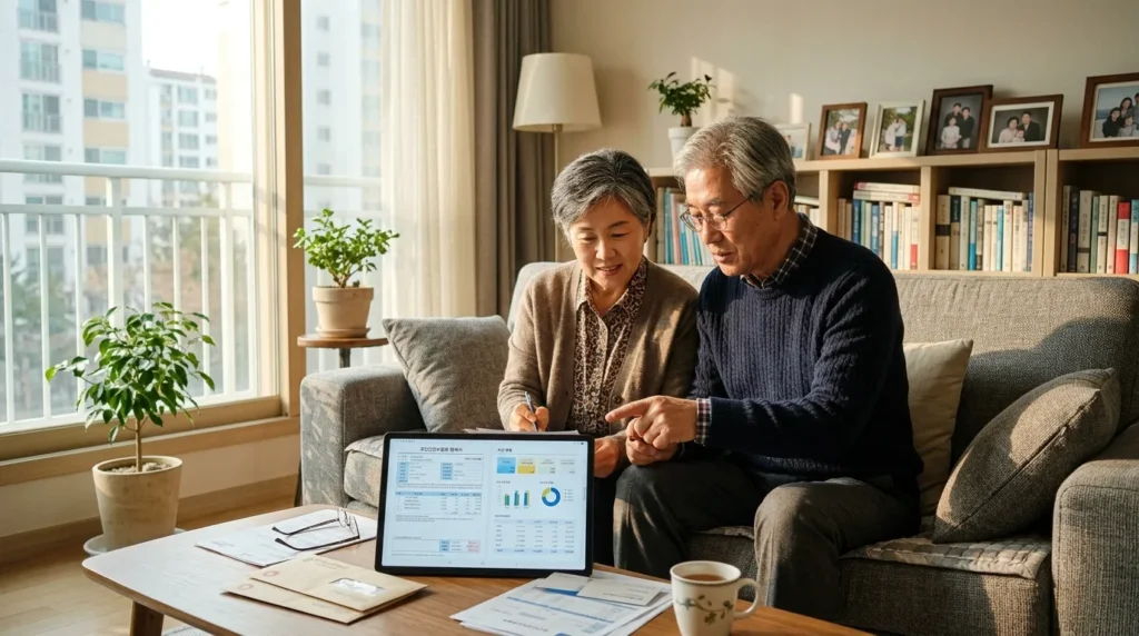 은퇴 후 거실 소파에 앉아 태블릿 PC로 건강보험료 고지서와 자산 현황을 꼼꼼히 분석하고 있는 60대 한국인 부부의 모습, 배경에는 따뜻한 햇살이 비치는 아파트 거실이 보임