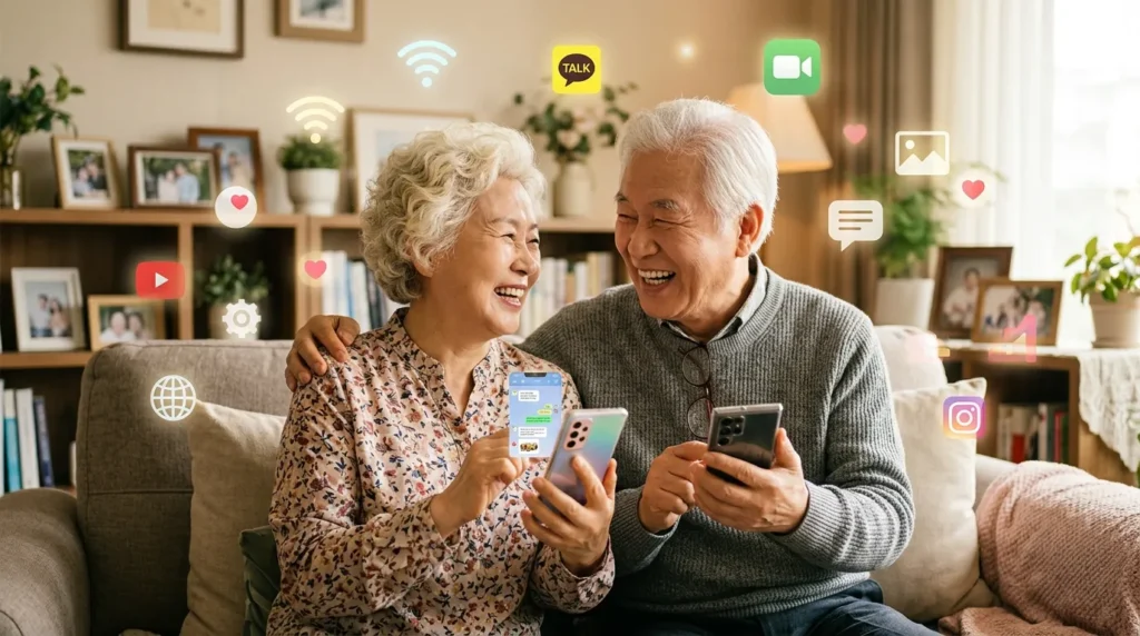 한국인 할머니와 할아버지가 스마트폰을 들고 즐겁게 웃으며 서로를 바라보는 모습. 배경에는 다양한 디지털 아이콘이 은은하게 펼쳐져 있다. 부드럽고 따뜻한 색감으로, 디지털 포용의 긍정적인 분위기를 강조한다.