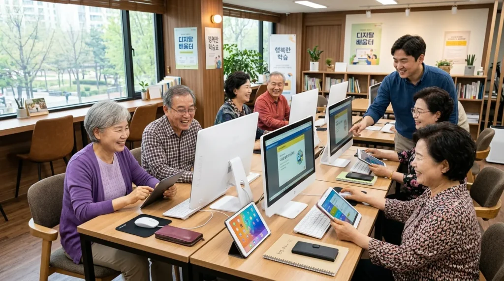 여러 명의 한국인 시니어들이 밝은 표정으로 컴퓨터 앞에 앉아 강사의 설명을 듣고 태블릿 PC를 활용하는 모습. 교실은 현대적이고 친근한 분위기이며, 학습자들은 서로 돕고 배우는 즐거운 모습을 보여준다.