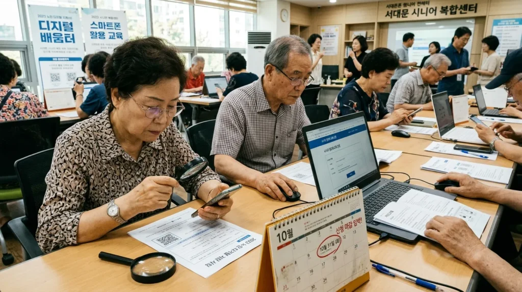 한국인 시니어들이 스마트폰으로 QR 코드를 스캔하거나 온라인 신청 양식을 작성하는 모습. 주변에는 돋보기, 컴퓨터, '마감 임박'을 알리는 달력 등이 배치되어 신청의 중요성과 시급성을 나타낸다.